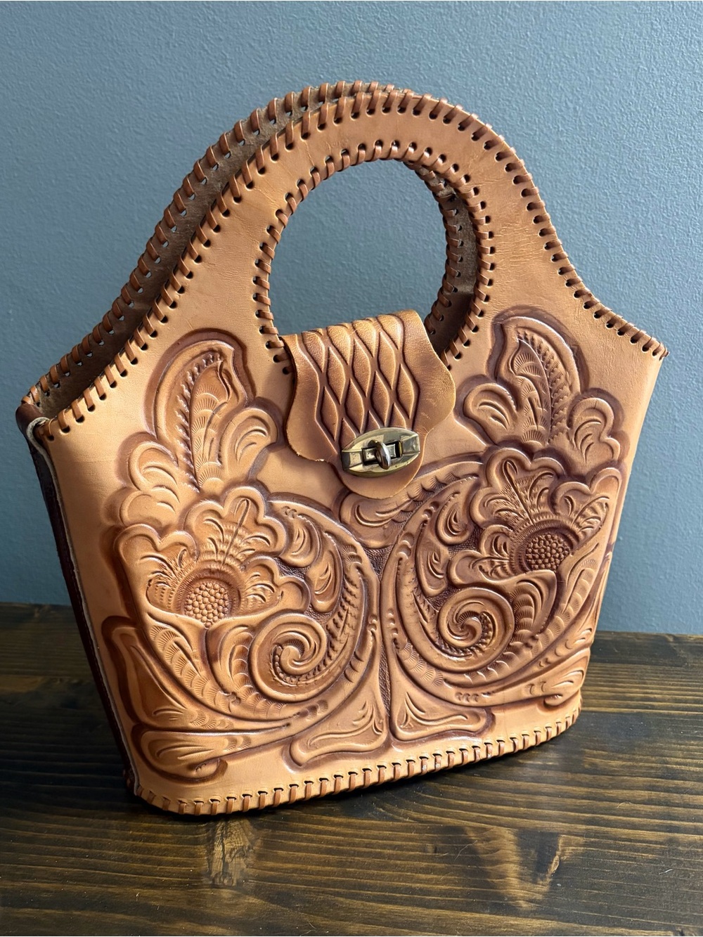 Hand-Tooled Leather Tote Bag in Tan Tag Says Tote Jr.